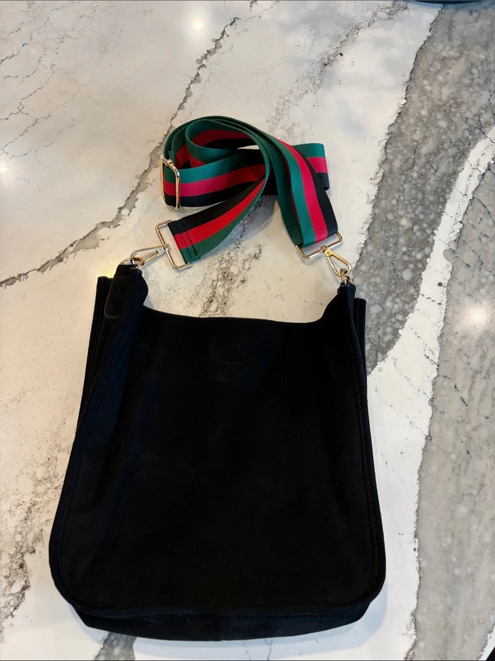 Vegan Suede Black Messenger Bag with Crossbody Strap Black w/ Black/Red/Green